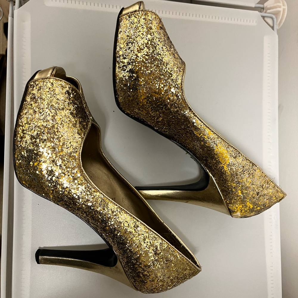 Nine West Gold Sparkly Heels, sz 7.5